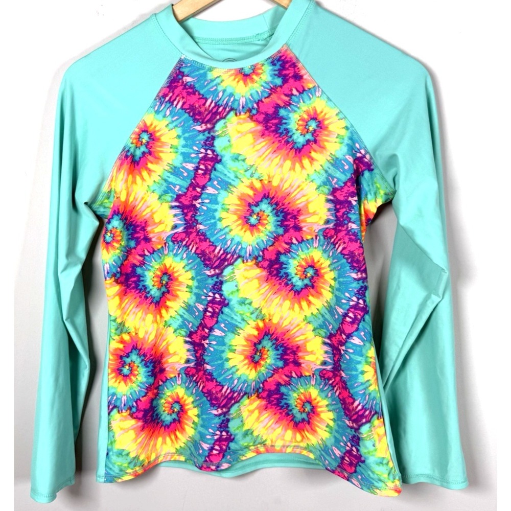 Wonder Nation Girls Tie Dye Long Sleeve Rash Guard Swim Shirt Aqua Green XXL 18